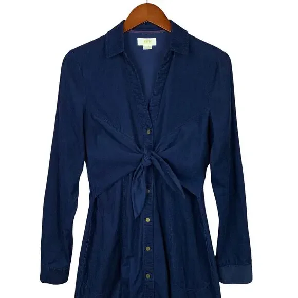 Maeve Anthropologie Winchester Shirt Dress Blue Corduroy Tie Front Women's 8 - Picture 2 of 11